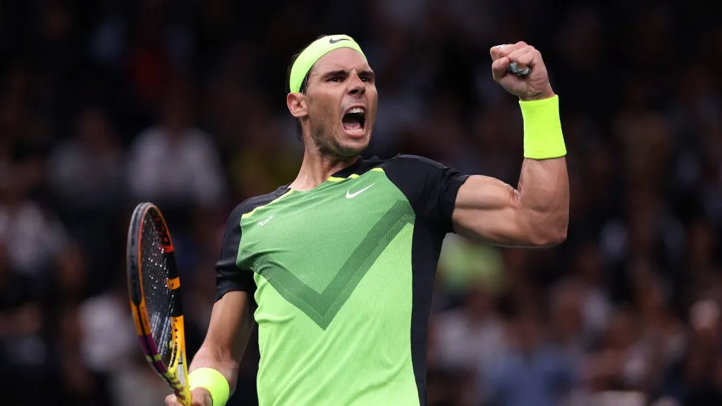 Nadal  celebrates in his match against Tommy Paul at the 2022 Paris Masters ( Julian Finney/Getty Images)