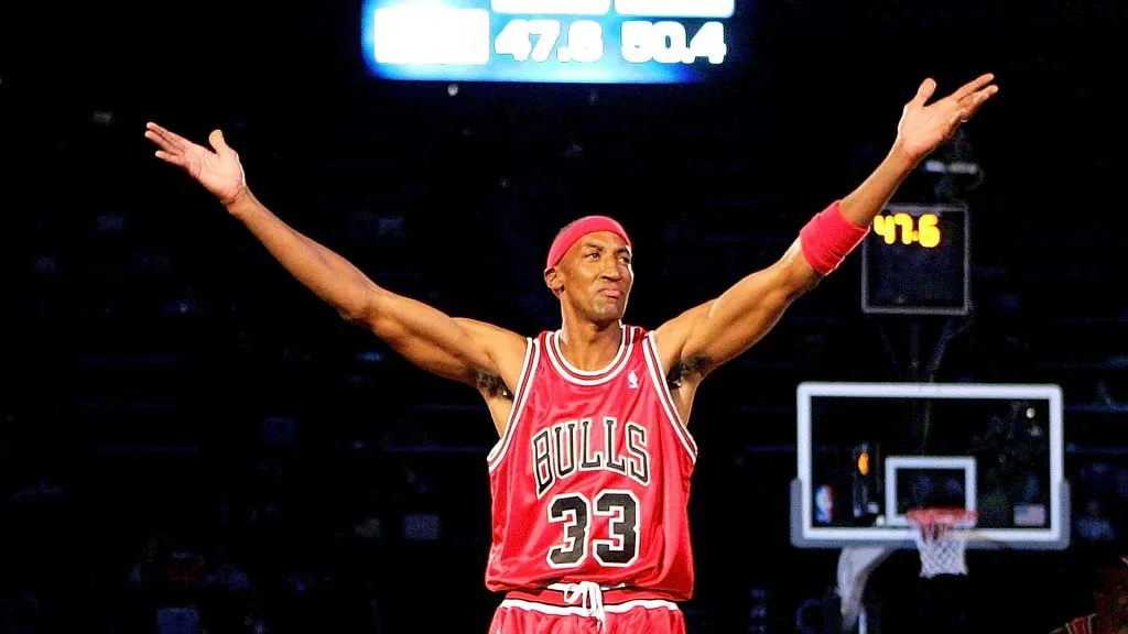 Scottie Pippen of the Chicago team celebrates after sinking a half-court shot in the Haier Shooting Stars Competition during NBA All-Star
