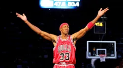 Scottie Pippen of the Chicago team celebrates after sinking a half-court shot in the Haier Shooting Stars Competition during NBA All-Star