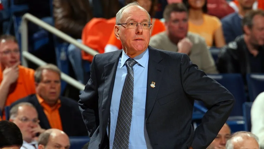 Head coach Jim Boeheim of the Syracuse Orange gestures from the bench against the Gonzaga Bulldogs during the second round of the 2010 NCAA men’s basketball tournament. (Source: Rick Stewart/Getty Images)