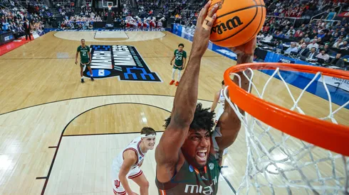 Norchad Omier #15 of the Miami Hurricanes dunks in the second half against the Indiana Hoosiers during the second round of the NCAA Men's Basketball Tournament in 2023.