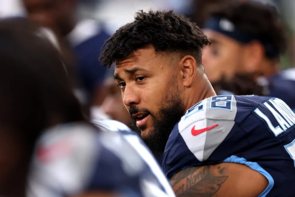 LONDON, ENGLAND – OCTOBER 15: Harold Landry III #58 of the Tennessee Titans looks on from the sidelines in the fourth quarter during the 2023 NFL London Games match between Baltimore Ravens and Tennessee Titans at Tottenham Hotspur Stadium on October 15, 2023 in London, England. (Photo by Alex Pantling/Getty Images)