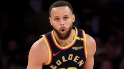 Stephen Curry #30 of the Golden State Warriors celebrates a shot in the fourth quarter against the New York Knicks at Madison Square Garden on March 04, 2025 in New York City. The Golden State Warriors defeated the New York Knicks 114-102.