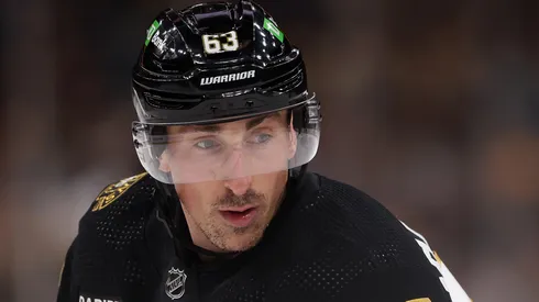 Brad Marchand #63 of the Boston Bruins looks on during the second period against the San Jose Sharks at TD Garden on November 30, 2023 in Boston, Massachusetts.