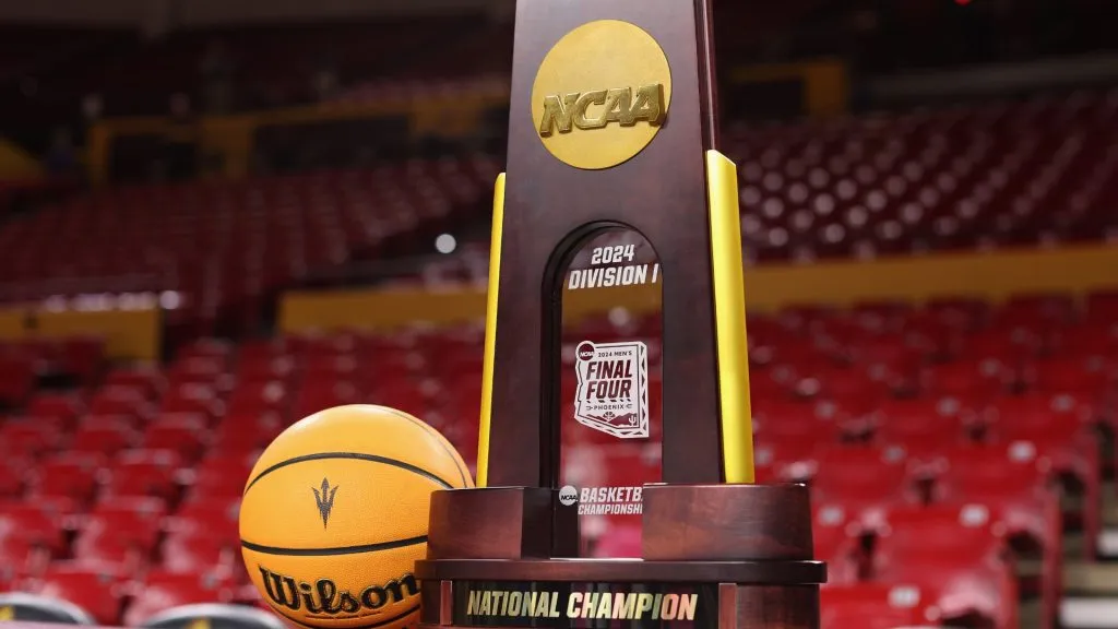 The NCAA men’s basketball championship trophy is displayed before the game between the Arizona State Sun Devils and the USC Trojans on January 20, 2024. (Source: Christian Petersen/Getty Images)