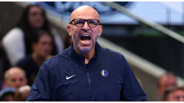 Head coach Jason Kidd of the Dallas Mavericks reacts during the first half of an Emirates NBA Cup game against the Memphis Grizzlies at American Airlines Center on December 03, 2024 in Dallas, Texas.