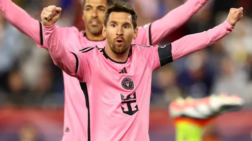 Lionel Messi #10 and Luis Suárez #9 of Inter Miami celebrate the goal of Benjamin Cremaschi #30 during the second half in the game against the New England Revolution at Gillette Stadium on April 27, 2024 in Foxborough, Massachusetts.