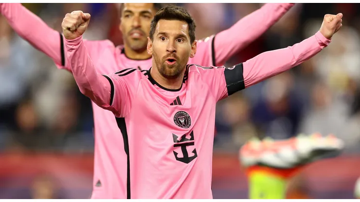 Lionel Messi #10 and Luis Suárez #9 of Inter Miami celebrate the goal of Benjamin Cremaschi #30 during the second half in the game against the New England Revolution at Gillette Stadium on April 27, 2024 in Foxborough, Massachusetts.