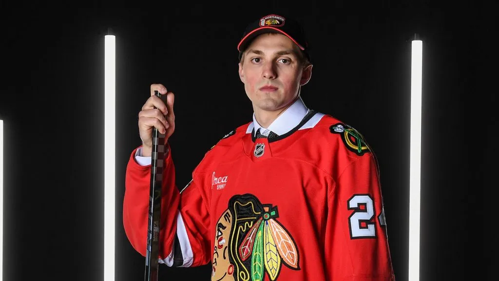 Artyom Levshunov poses for a portrait after being drafted by the Chicago Blackhawks with the second overall pick during the 2024 Upper Deck NHL Draft at Sphere on June 28, 2024 in Las Vegas, Nevada.