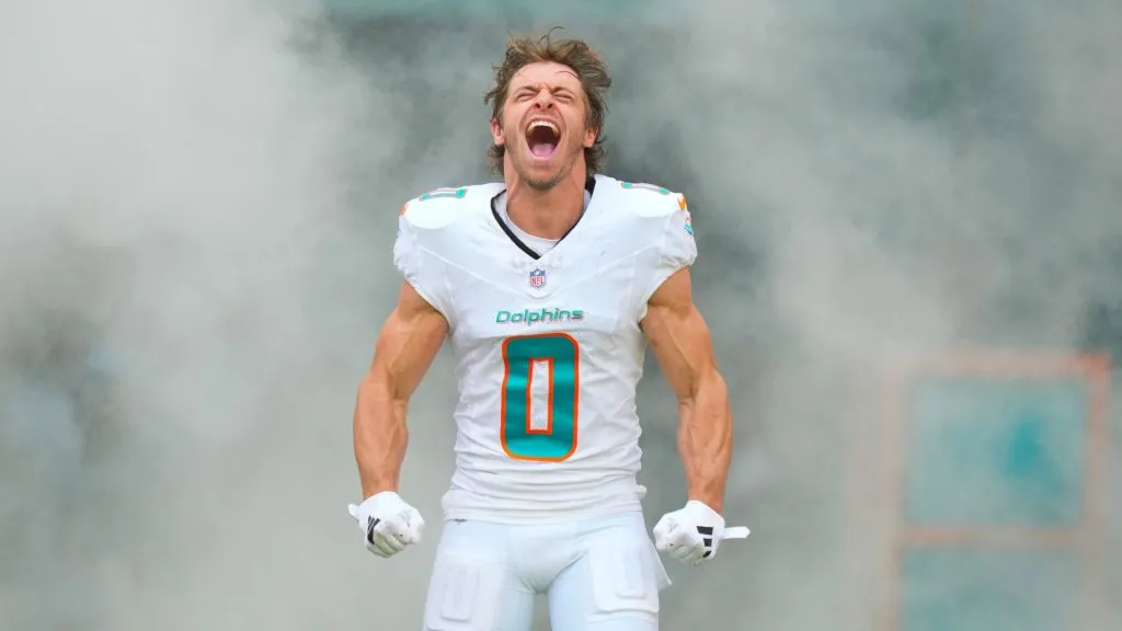 Braxton Berrios #0 of the Miami Dolphins is introduced prior to a game against the New York Jets at Hard Rock Stadium on December 17, 2023 in Miami Gardens, Florida.