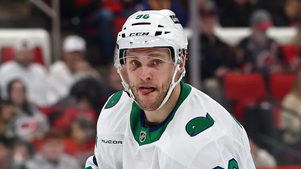 Mikko Rantanen #96 of the Carolina Hurricanes skates during the third period of the game against the Buffalo Sabres at Lenovo Center on February 27, 2025 in Raleigh, North Carolina.