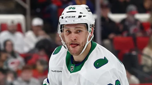 Mikko Rantanen #96 of the Carolina Hurricanes skates during the third period of the game against the Buffalo Sabres at Lenovo Center on February 27, 2025 in Raleigh, North Carolina.
