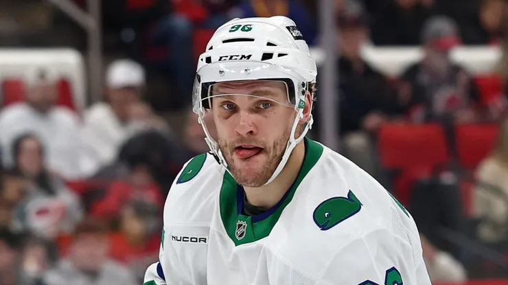 Mikko Rantanen #96 of the Carolina Hurricanes skates during the third period of the game against the Buffalo Sabres at Lenovo Center on February 27, 2025 in Raleigh, North Carolina.