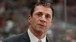 Carolina Hurricanes head coach Rod brind'Amour looks on during an NHL game.