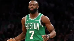 Jaylen Brown #7 of the Boston Celtics dribbles against the New York Knicks during the second half at TD Garden on February 23, 2025 in Boston, Massachusetts. The Celtics defeat the Knicks 118-105.