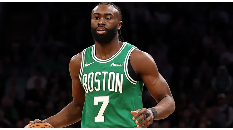 Jaylen Brown #7 of the Boston Celtics dribbles against the New York Knicks during the second half at TD Garden on February 23, 2025 in Boston, Massachusetts. The Celtics defeat the Knicks 118-105.