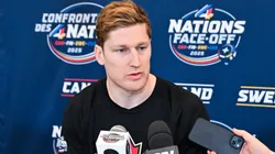 Nathan MacKinnon #29 of Canada takes questions during media day ahead of the 2025 NHL 4 Nations Face-Off at the Bell Centre on February 11, 2025 in Montreal, Quebec, Canada.