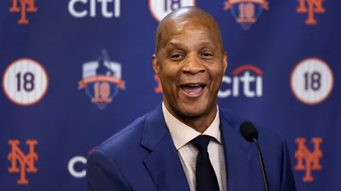 Darryl Strawberry, New York Mets legend, speaks to the media before a ceremony to retire his jersey number #18 before a game against the Arizona Diamondbacks at Citi Field on June 1, 2024 in New York City.