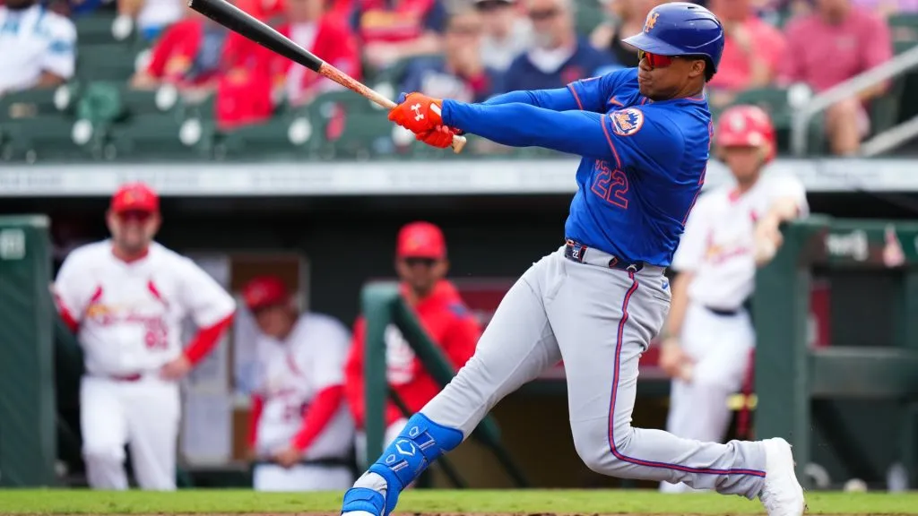 Juan Soto #22 of the New York Mets hits a single against the St. Louis Cardinals /d3i of a spring training game at Roger Dean Stadium on February 24, 2025 in Jupiter, Florida. (Photo by Rich Storry/Getty Images)