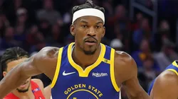 Jimmy Butler III #10 of the Golden State Warriors dribbles the ball against the Portland Trail Blazers during the first half at Chase Center on March 10, 2025 in San Francisco, California.