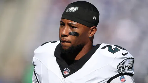Saquon Barkley #26 of the Philadelphia Eagles looks on prior to the game against the New York Giants at MetLife Stadium on October 20, 2024 in East Rutherford, New Jersey.