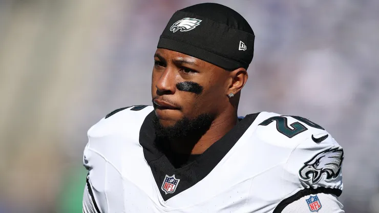 Saquon Barkley #26 of the Philadelphia Eagles looks on prior to the game against the New York Giants at MetLife Stadium on October 20, 2024 in East Rutherford, New Jersey.