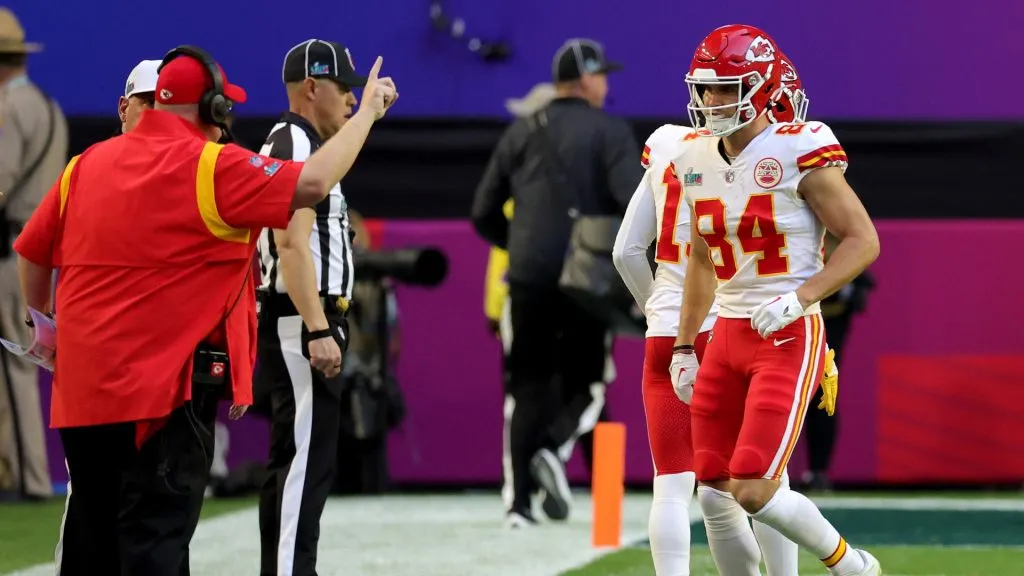 Justin Watson #84 of the Kansas City Chiefs talks with Head coach Andy Reid against the Philadelphia Eagles in Super Bowl LVII at State Farm Stadium on February 12, 2023 in Glendale, Arizona.