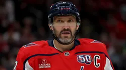 Alex Ovechkin #8 of the Washington Capitals looks on against the Seattle Kraken during the second period at Capital One Arena on March 09, 2025 in Washington, DC.
