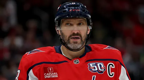 Alex Ovechkin #8 of the Washington Capitals looks on against the Seattle Kraken during the second period at Capital One Arena on March 09, 2025 in Washington, DC.