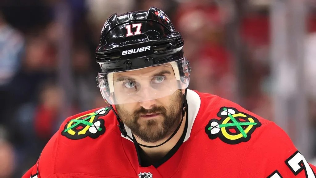 Nick Foligno #17 of the Chicago Blackhawks looks on against the Seattle Kraken during the third period at the United Center on December 19, 2024 in Chicago, Illinois.