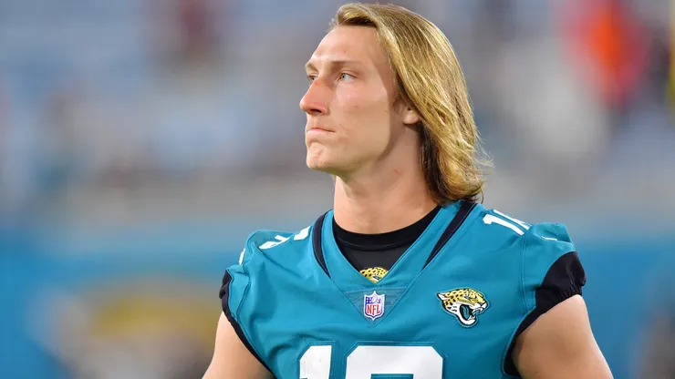 Trevor Lawrence #16 of the Jacksonville Jaguars looks on after a 23-13 preseason loss to the Cleveland Browns at TIAA Bank Field on August 14, 2021 in Jacksonville, Florida.