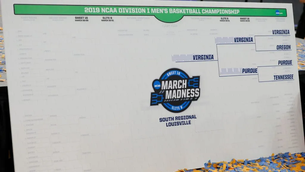 A detail of the South Region bracket after the Virginia Cavaliers defeated the Purdue Boilermakers 80-75 in overtime of the 2019 NCAA Men’s Basketball Tournament South Regional. (Source: Kevin C. Cox/Getty Images)