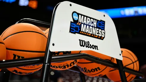 The NCAA Match Madness logo is seen before the game between Michigan State and North Carolina during the first round of the NCAA Women’s Basketball Tournament.