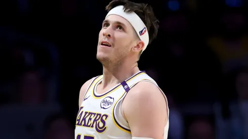 Austin Reaves #15 of the Los Angeles Lakers reacts after a Indiana Pacers foul during a 124-117 Lakers win at Crypto.com Arena on February 08, 2025 in Los Angeles, California.