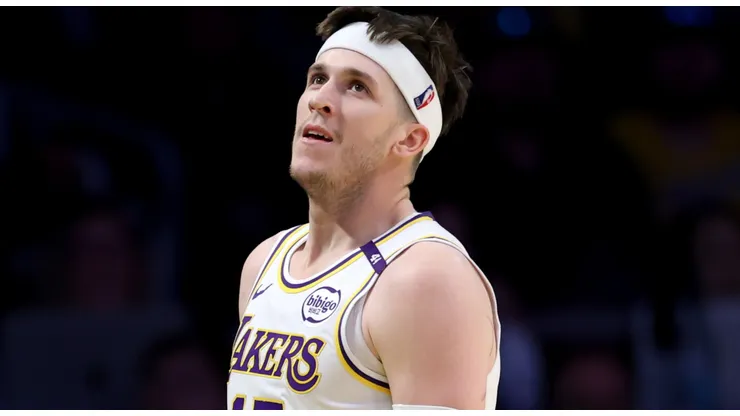 Austin Reaves #15 of the Los Angeles Lakers reacts after a Indiana Pacers foul during a 124-117 Lakers win at Crypto.com Arena on February 08, 2025 in Los Angeles, California.