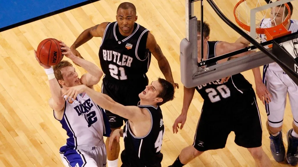 Kyle Singler #12 of the Duke Blue Devils attempts a shot against the Butler Bulldogs during the 2010 NCAA Division I Men’s Basketball National Championship game. (Source: Kevin C. Cox/Getty Images)