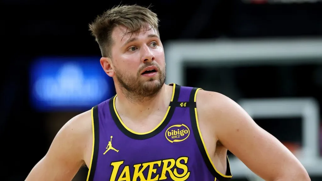 Luka Doncic #77 of the Los Angeles Lakers reacts during the second half Boston Celtics at TD Garden.