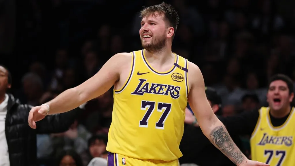 Luka Doncic #77 of the Los Angeles Lakers reacts after a call during the second half against the Brooklyn Nets. (Sarah Stier/Getty Images)
