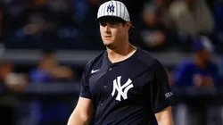 Gerrit Cole #45 of the New York Yankees reacts after a strike out in the first inning during a spring training game against the Toronto Blue Jays at George M. Steinbrenner Field on February 28, 2025 in Tampa, Florida.