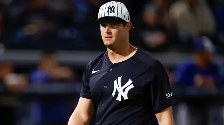 Gerrit Cole #45 of the New York Yankees reacts after a strike out in the first inning during a spring training game against the Toronto Blue Jays at George M. Steinbrenner Field on February 28, 2025 in Tampa, Florida.