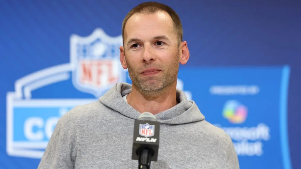 Head coach Jonathan Gannon of the Arizona Cardinals speaks to the media during the NFL Scouting Combine at the Indiana Convention Center in 2025. (Source: Stacy Revere/Getty Images)