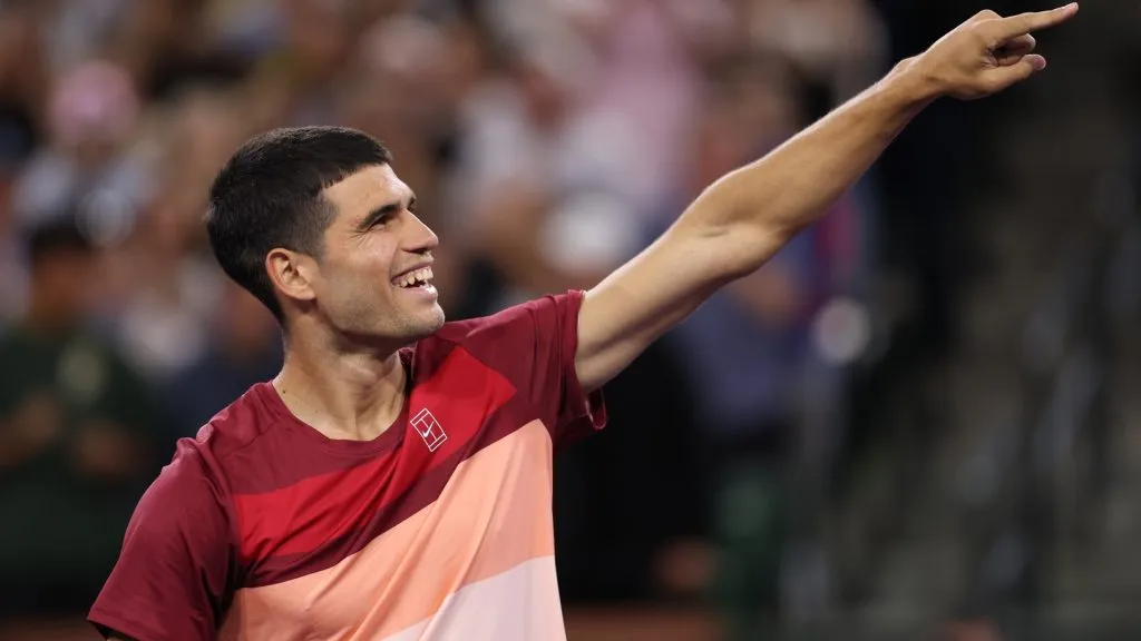 Carlos Alcaraz celebrates to the crowd after his victory against Denis Shapovalov in the BNP Paribas Open at Indian Wells Tennis Garden on March 10, 2025.