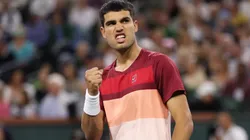 Carlos Alcaraz of Spain celebrates a point against Denis Shapovalov.