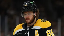 David Pastrnak #88 of the Boston Bruins looks on during the third period against the Buffalo Sabres at TD Garden on December 21, 2024 in Boston, Massachusetts. The Bruins defeat the Sabres 3-1.