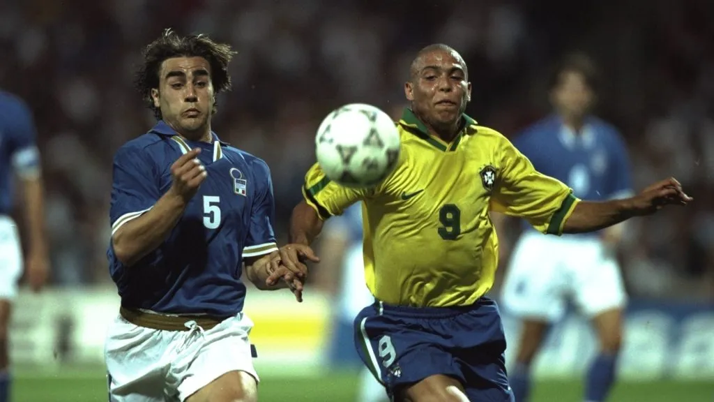 Ronaldo of Brazil (right) competes with Fabio Cannavaro of Italy during the match in the Tournoi De France in Lyon, France. (Ben Radford /Allsport/Getty Images)