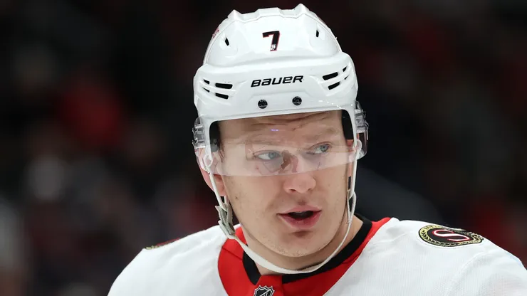 Brady Tkachuk #7 of the Ottawa Senators looks on against the Washington Capitals during the first period at Capital One Arena on March 03, 2025 in Washington, DC.