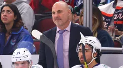 Head coach Rick Tocchet of the Vancouver Canucks looks on against the Chicago Blackhawks during the first period at the United Center on October 22, 2024 in Chicago, Illinois.
