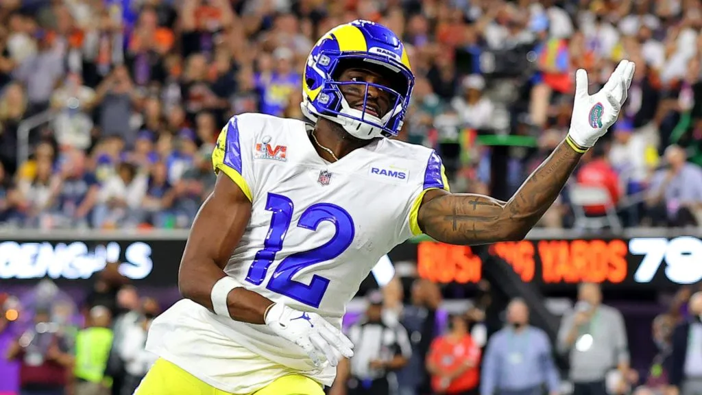 Van Jefferson #12 of the Los Angeles Rams reaches for the ball during Super Bowl LVI against the Cincinnati Bengals at SoFi Stadium on February 13, 2022 in Inglewood, California.