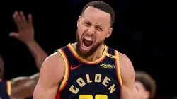 Stephen Curry #30 of the Golden State Warriors celebrates after a three point shot in the fourth quarter against the New York Knicks at Madison Square Garden on March 04, 2025 in New York City.