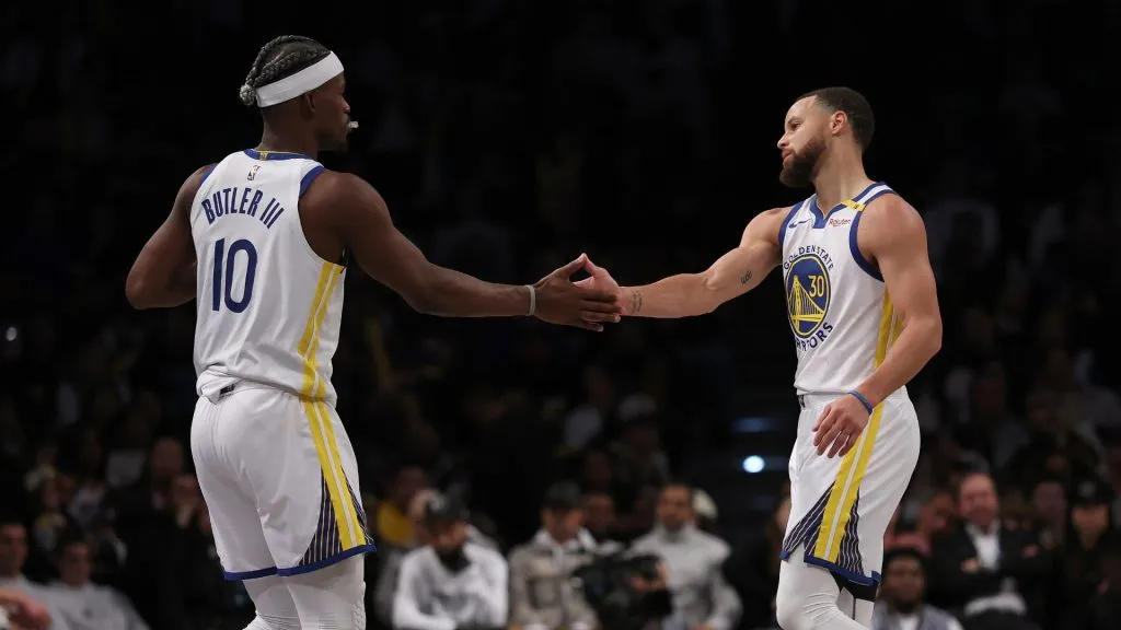 Jimmy Butler III #10 of the Golden State Warriors enters the game for Stephen Curry #30 of the Golden State Warriors in the second half at Barclays Center on March 06, 2025 in the Brooklyn borough of New York City.&nbsp;(Photo by Elsa/Getty Images)